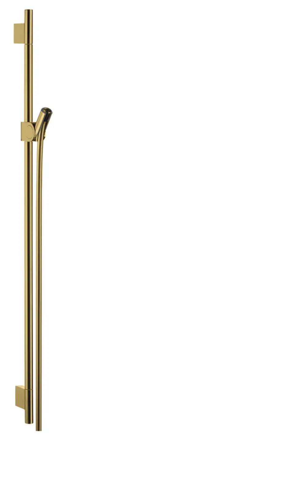 Brausestange in Goldoptik von AXOR mit Halterung und flexiblem Schlauch, geeignet für die Wandmontage im Badezimmer.